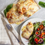 grilled chicken parmesean serving tray and plated