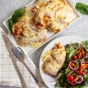 grilled chicken parmesean serving tray and plated