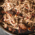 close up of traeger pulled pork in a large bowl