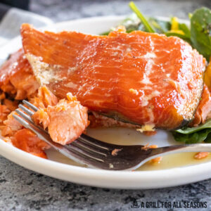 traeger smoked salmon on a plate with a bite on a fork