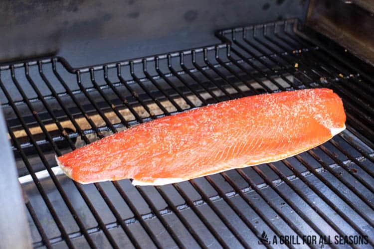 Whole salmon fillet sitting on grill grate in preheated Traeger grill.