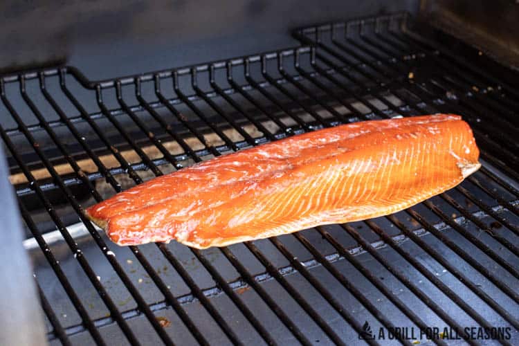 Whole salmon fillet sitting on grill grate being cooked in Traeger grill.