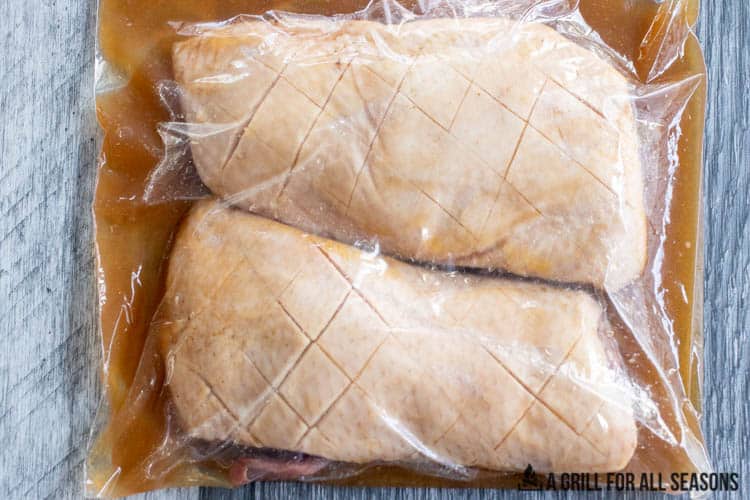 Two duck breasts in plastic bag with brine.