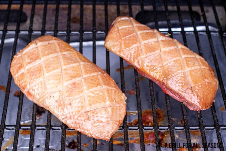 Two duck breasts sitting on rack of smoker.