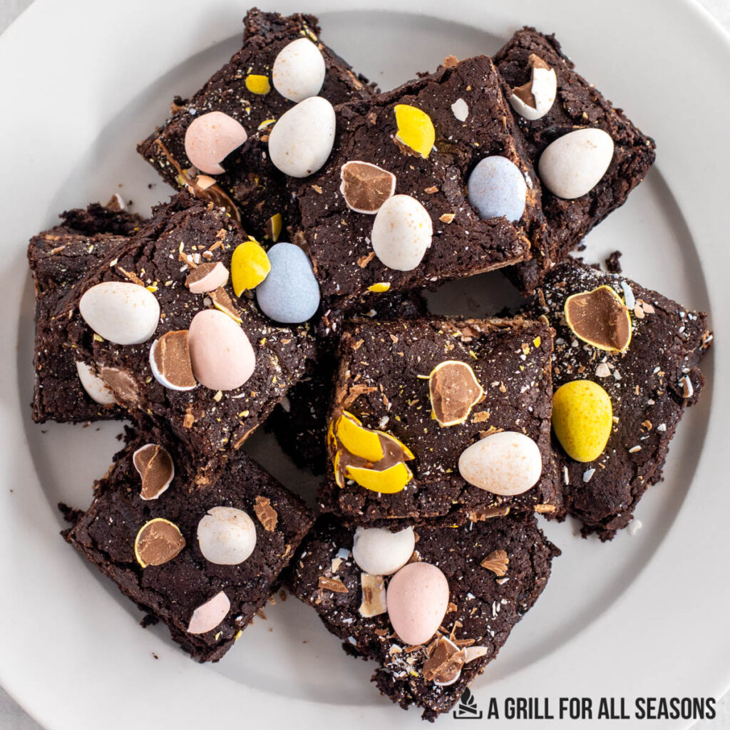 overhead shot of a plate of mini egg brownies