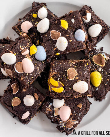 overhead shot of a plate of mini egg brownies