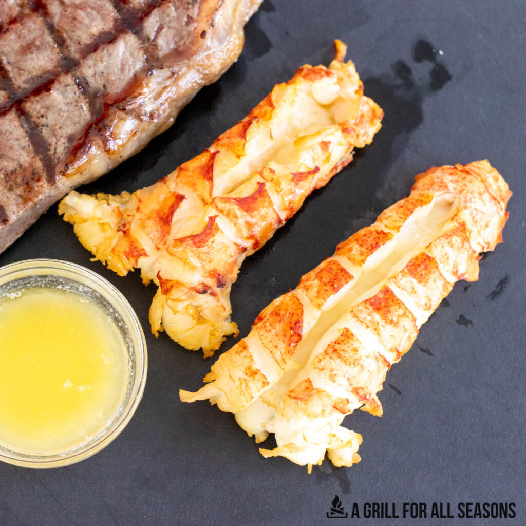 close up of two smoked lobster tails