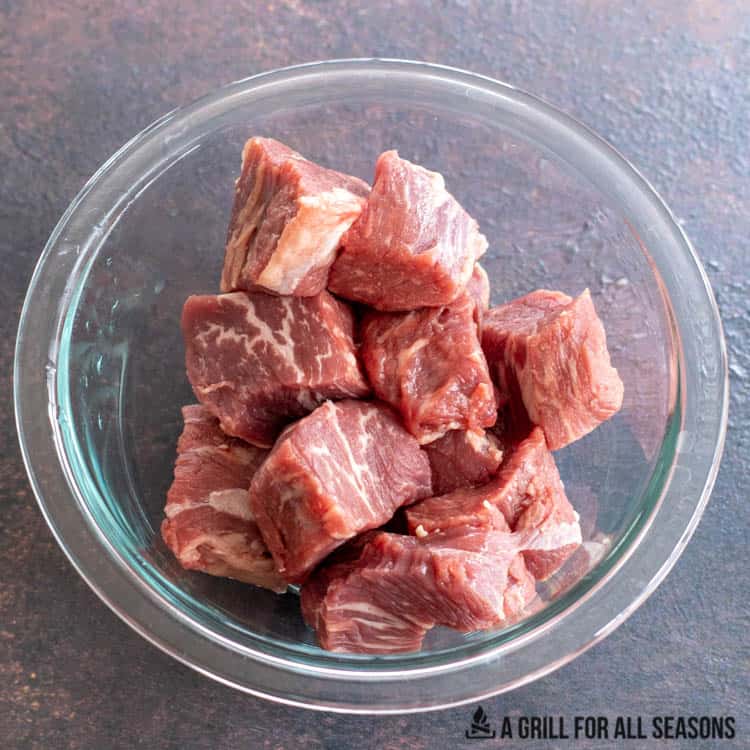 cubed of tri tip in a bowl