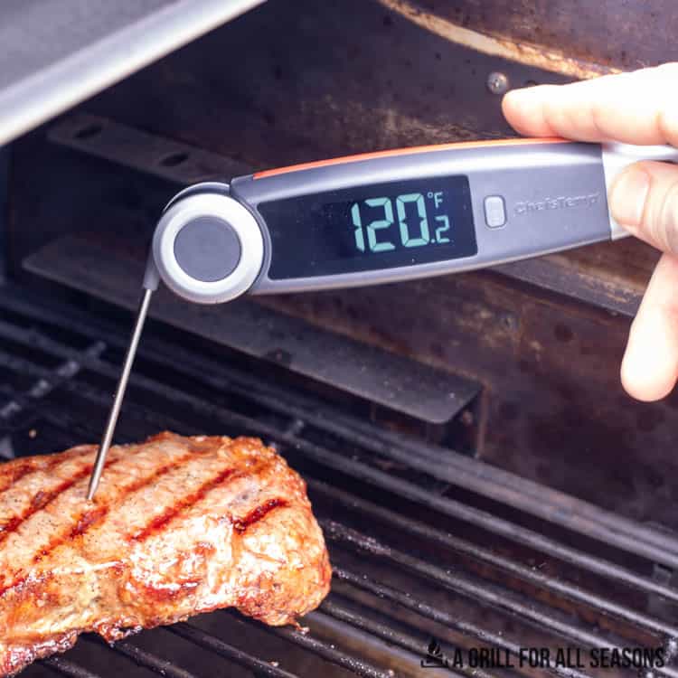 temperature probe in traeger steak showing 120 degrees