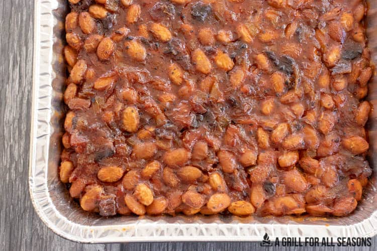 cooked smoked baked beans in foil pan