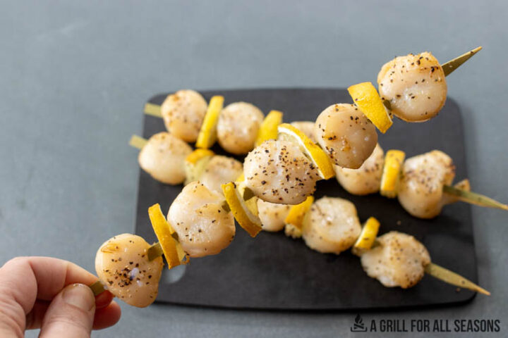 hand holding one of the skewers of smoked scallops