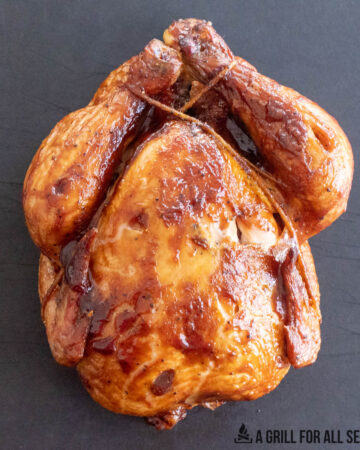 overhead view of a smoked whole chicken