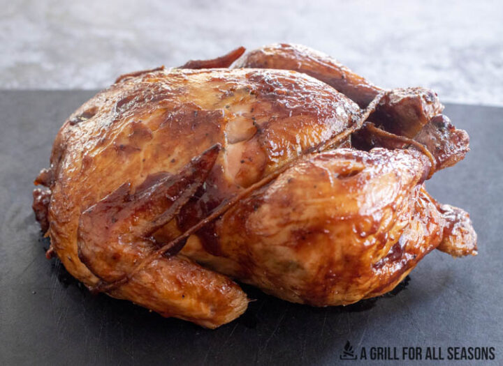 side view of the smoked whole chicken