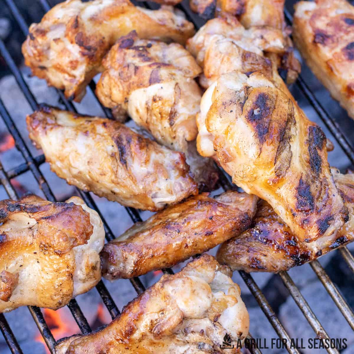 close up of smoked wings on charcoal smoker grate