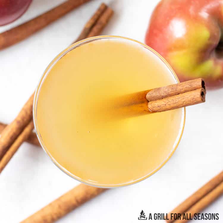 overhead shot of an apple cider martini garnished with a cinnamon stick