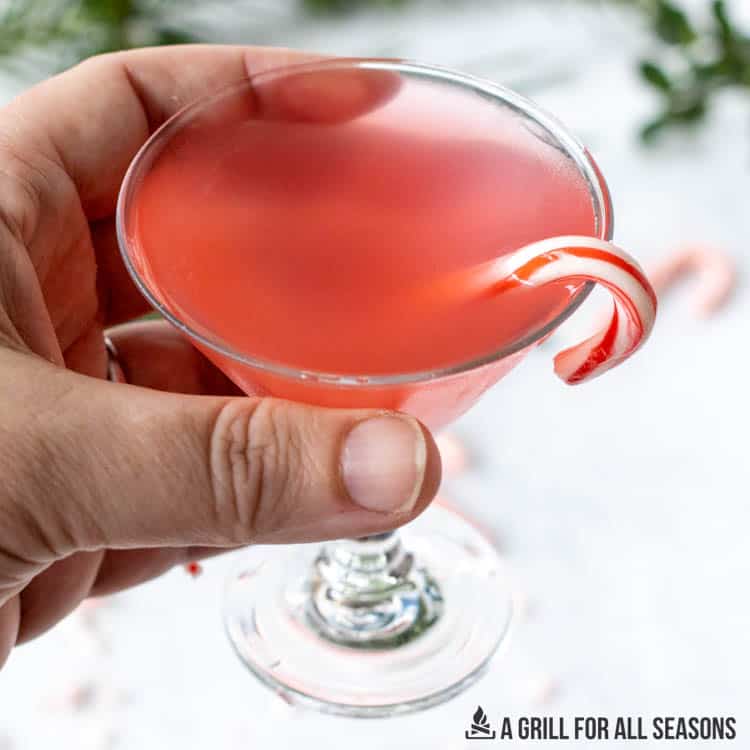 hand holding a glass of candy cane martini