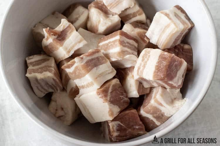 cubes of pork belly in bowl
