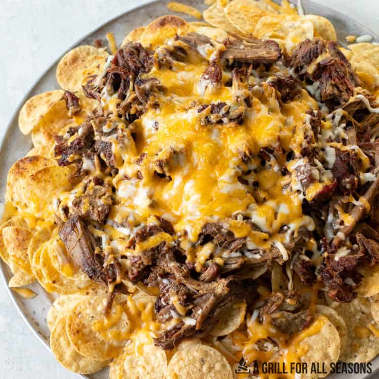 platter with tortilla chips, beef, and melted cheese