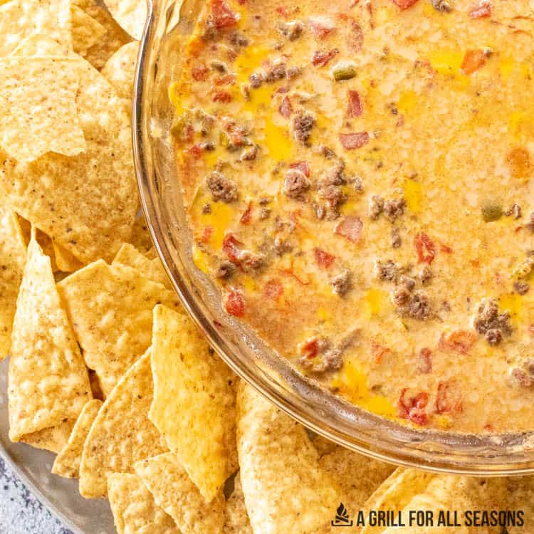 overhead close up of queso dip with chips