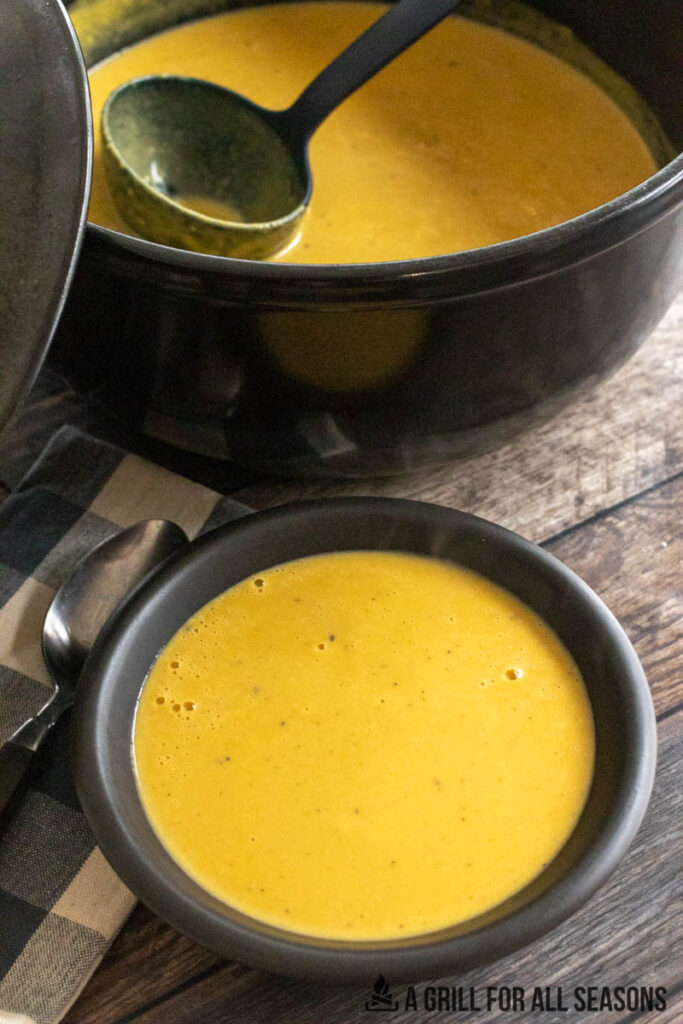 bowl of 3 ingredient butternut squash soup with pot behind