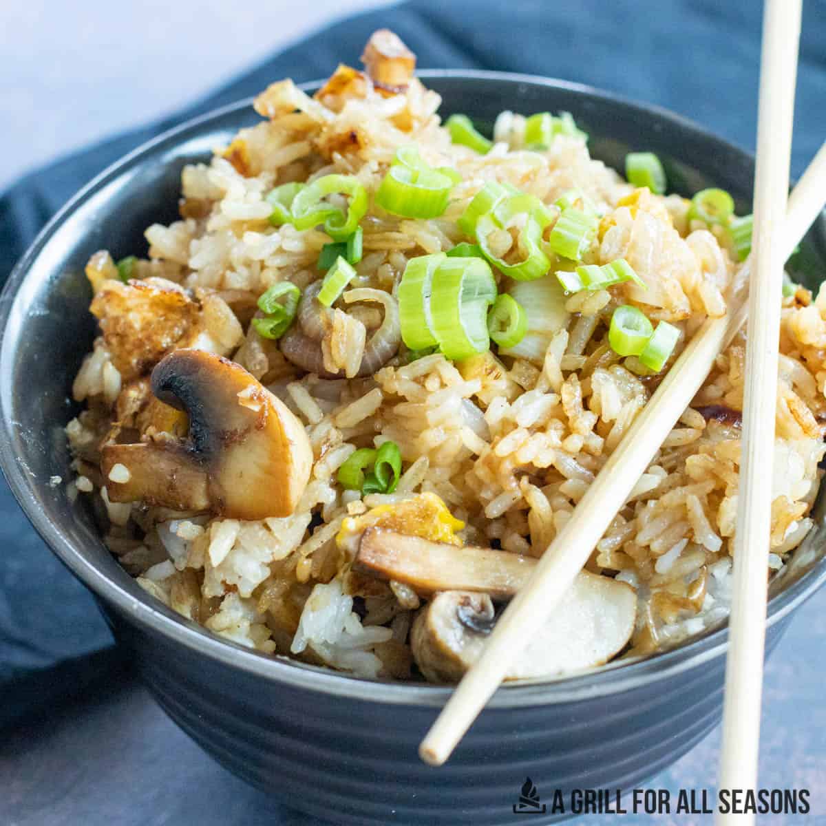 blackstone fried rice in bowl garnished with scallions