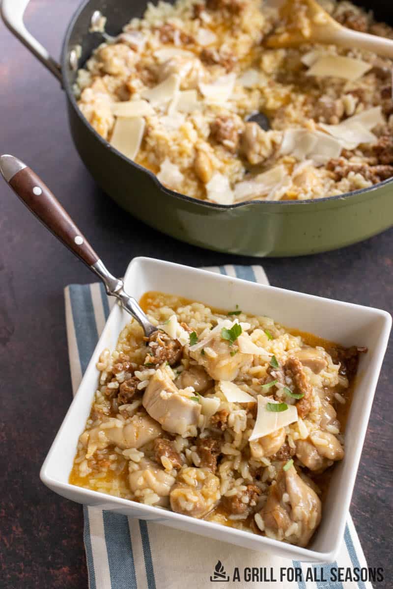 skillet and bowl of risotto
