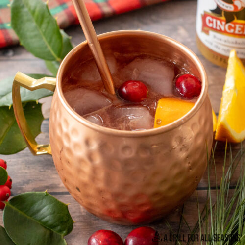 christmas moscow mule garnished with orange and cranberries