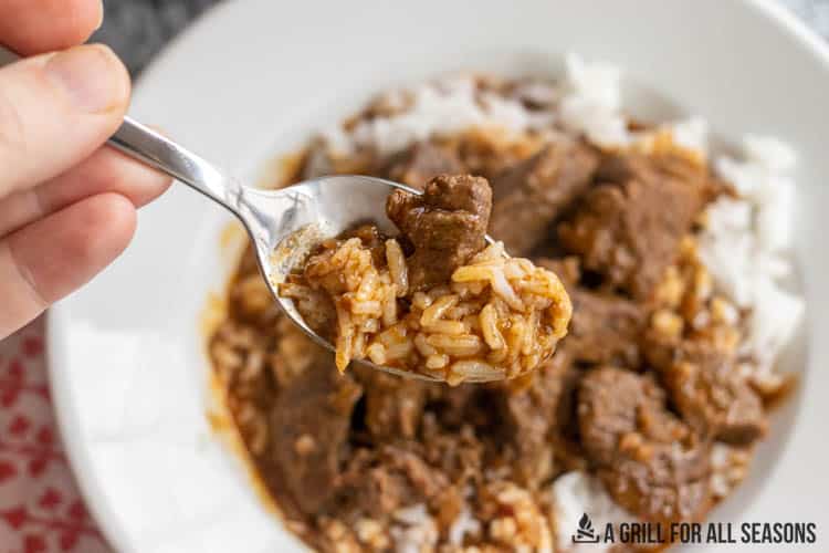 spoon holding beef masala with bowl of beef masala in background