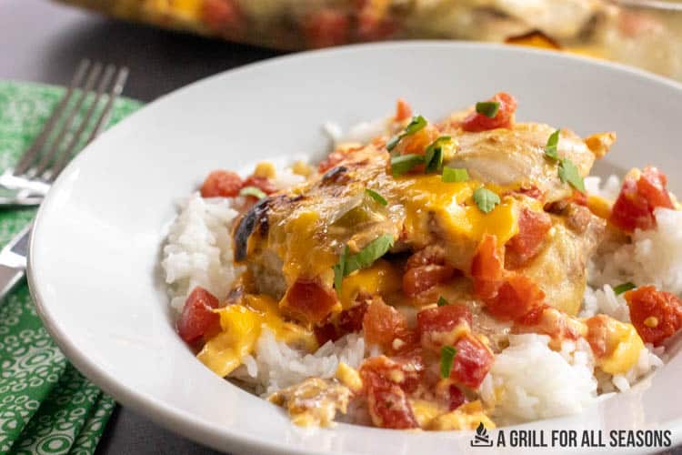 plated queso chicken with rice