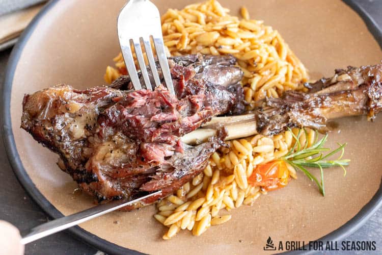 smoked lamb shank with orzo on plate
