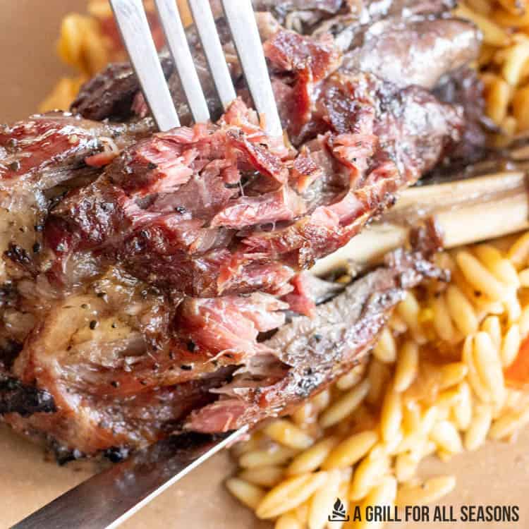 smoked lamb shank being pulled apart with a fork