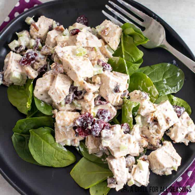 close up of cranberry pecan chicken salad plated on bed of spinch