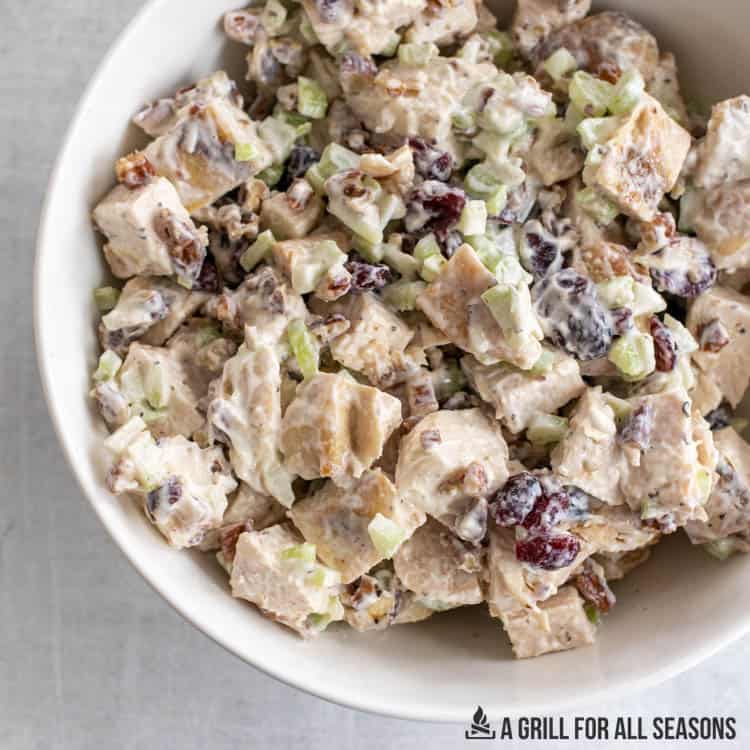 overhead shot of chicken salad with cranberries and pecans