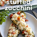 pinterest image for stuffed zucchini with rice