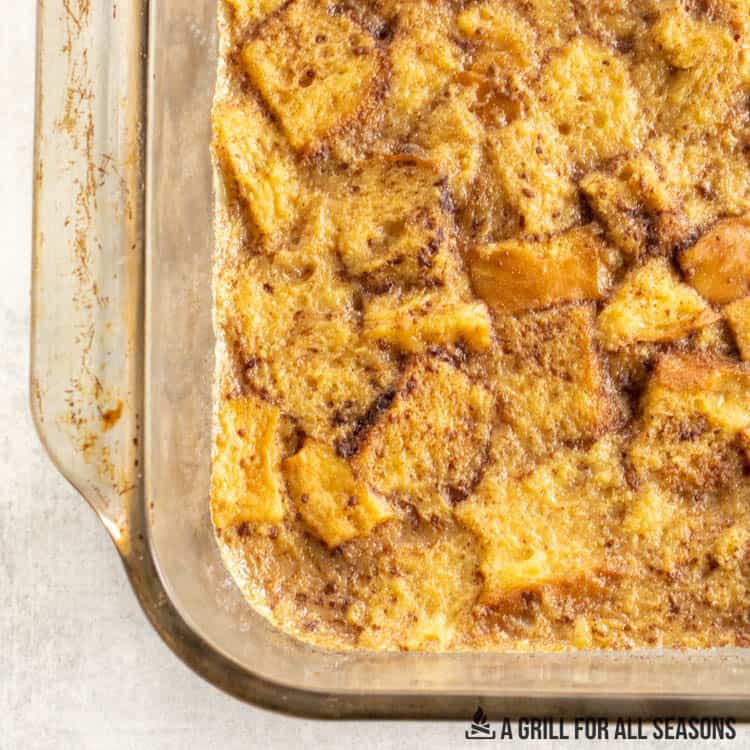 Smoked bread pudding in tray