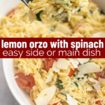 pinterest image for lemon orzo with spinach