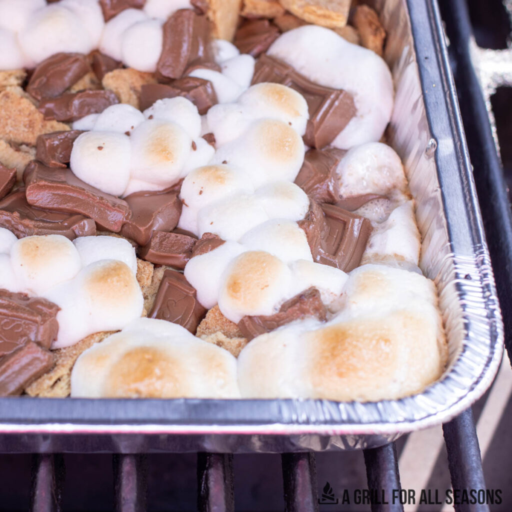 close up of smores casserole on grill