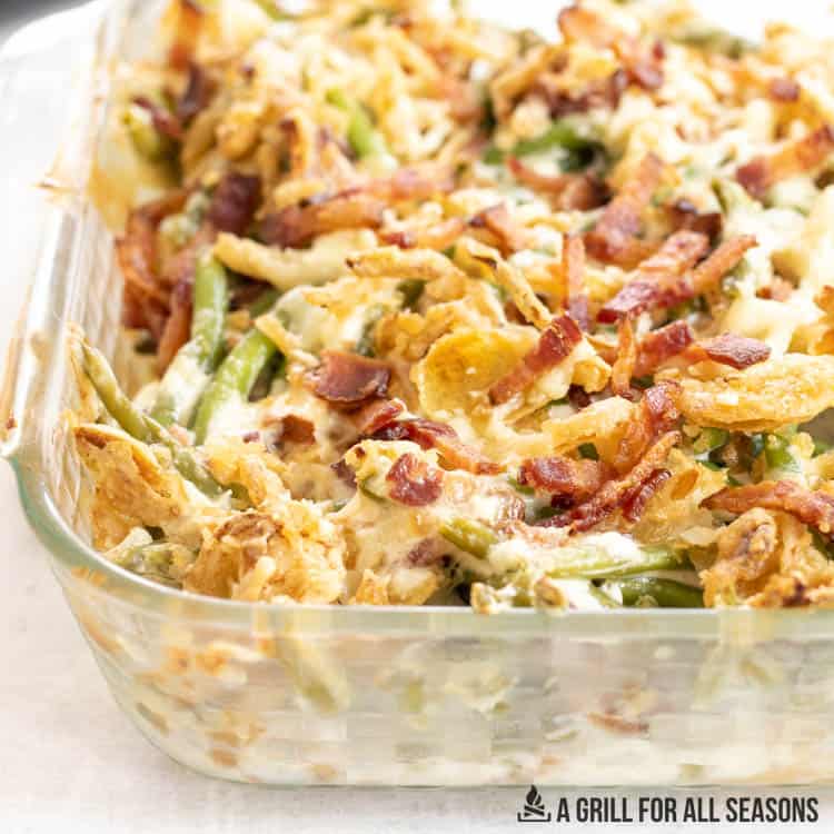 loaded green bean casserole recipe with cream cheese in baking dish