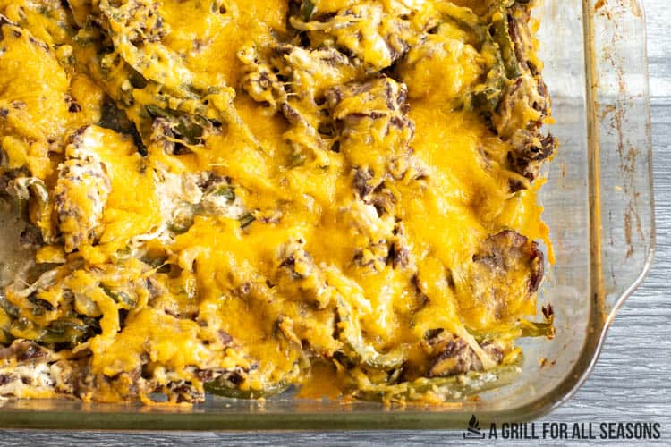 casserole dish with cooked philly cheesesteak casserole