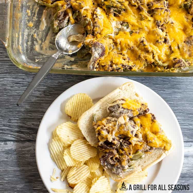 plated hoagie roll with philly cheesesteak casserole recipe with steak