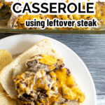 pinterest image for philly cheesesteak casserole with steak