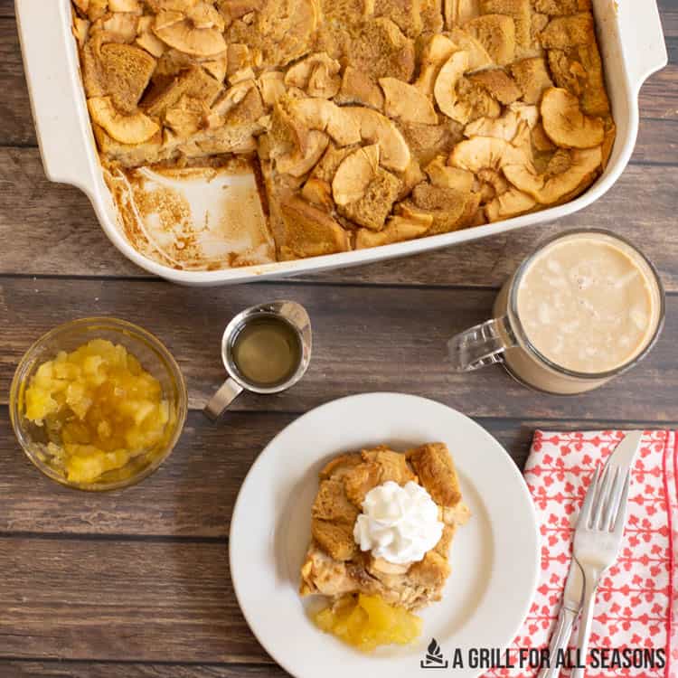 overhead shot of french toast apple casserole in baking dish and on small plate