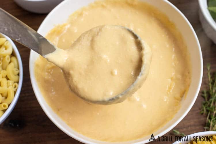 cheese sauce in bowl with ladle