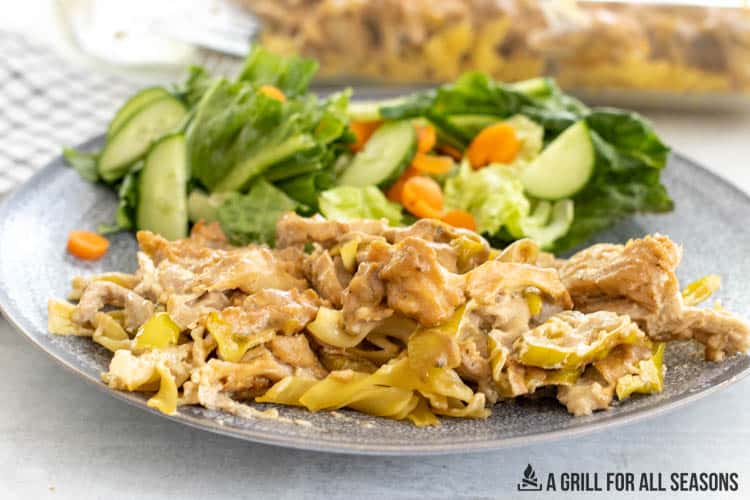 mississippi chicken casserole served with salad on a plate