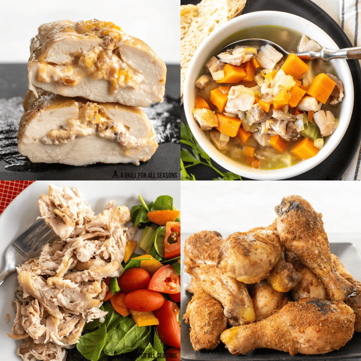 four traeger smoker chicken recipes shown in a collage image
