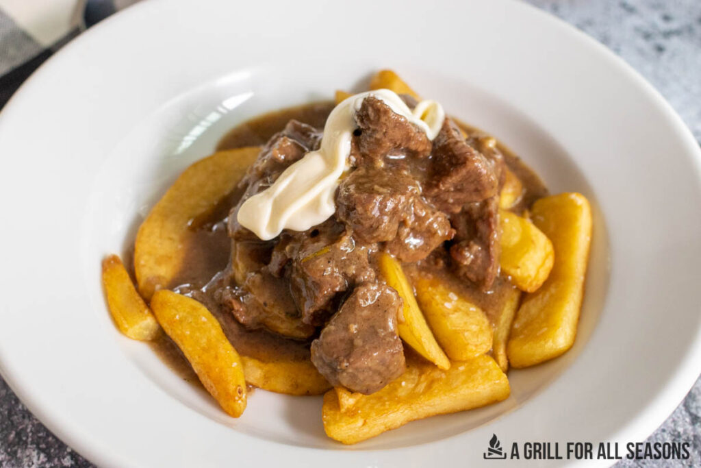 plated belgium beef stew with fries and mayonaise