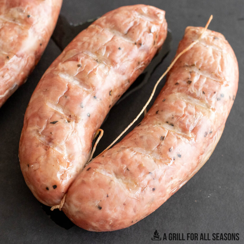 smoked italian sausages shown close up in casings
