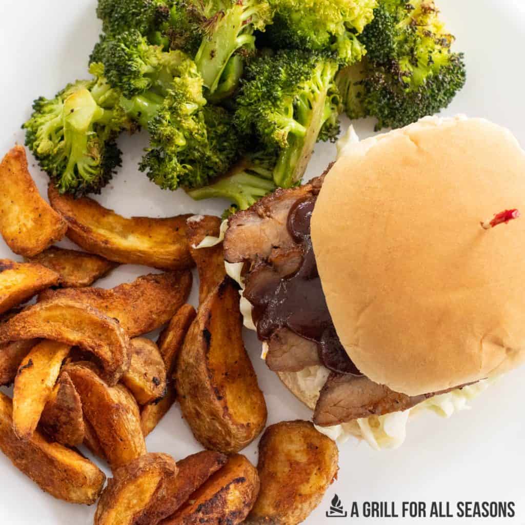air fryer brisket sandwich with broccoli and fries