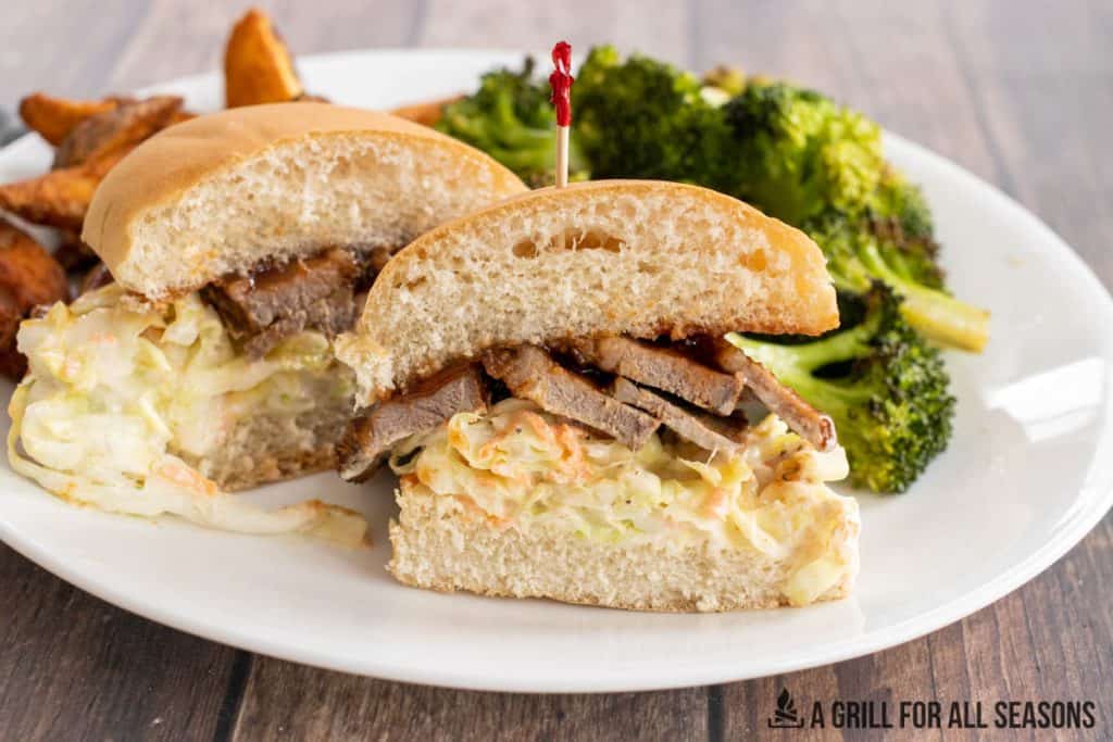 air fryer brisket recipe plated as a sandwich with broccoli