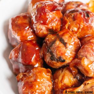 smoked meatballs with bbq sauce in serving bowl